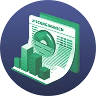 An illustrated icon depicting financial news or a financial report with a bar chart and magnifying glass on a green document for legal project management software.