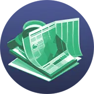 Graphic icon of a green, stylized laptop surrounded by documents on a dark blue background, representing law firm software.