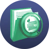A stylized icon representing a folder with documents and a magnifying glass, symbolizing the search or review of files by legal AI software.