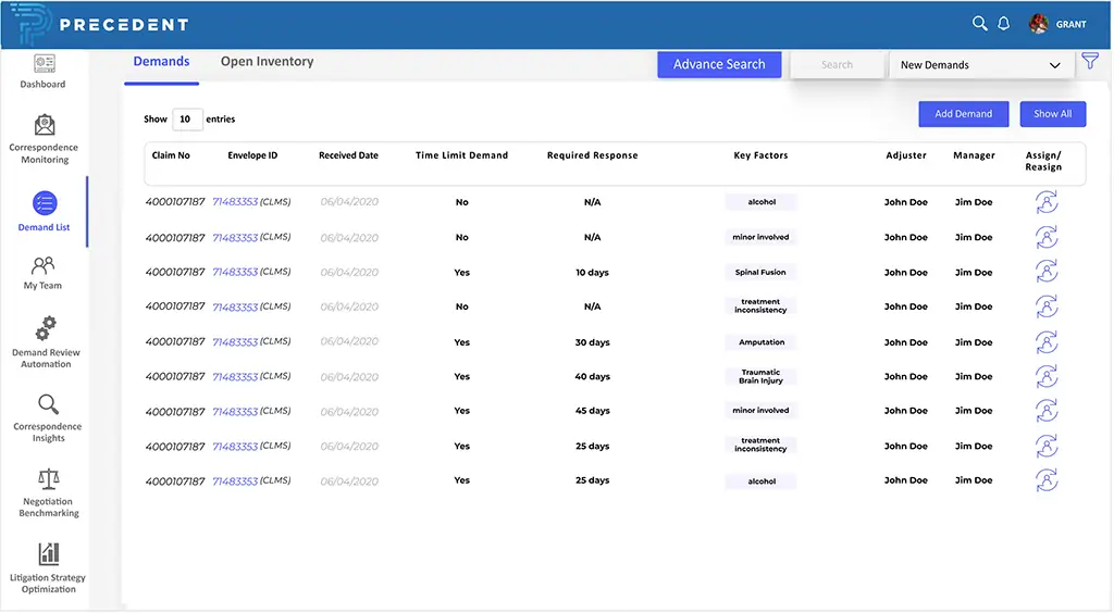 Screenshot of a legal project management software interface displaying various orders, their status, time limit, required response, key factors, and assigned manager details.